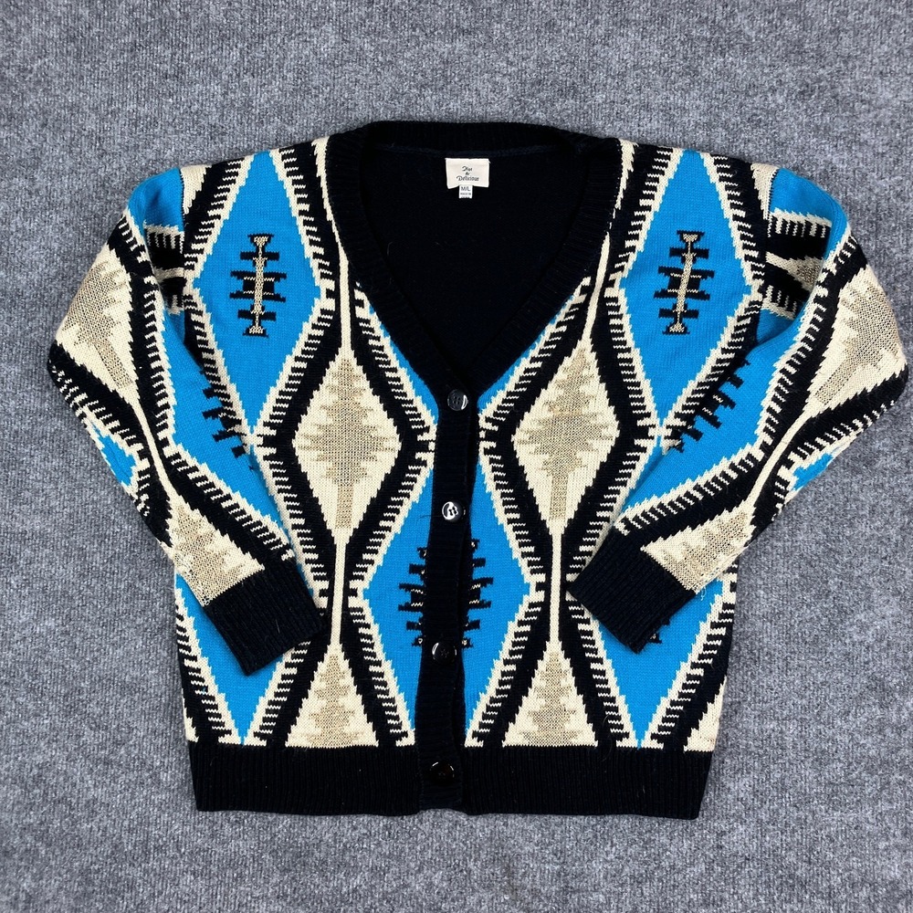 Hot & Delicious Cardigan Womens M/L Aztec Knit Blue Black Beige‎ Button Up Boho
